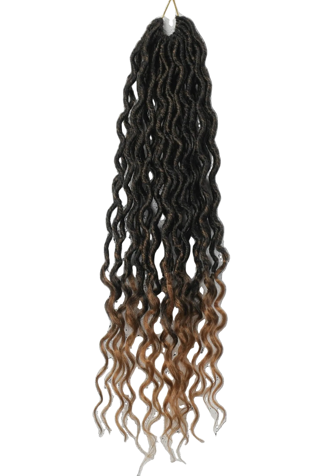 Goddess Locs i ombre-stil med mörka rötter och karamellfärgade toppar, långa vågiga längder som ger en mjuk och elegant boho-look.