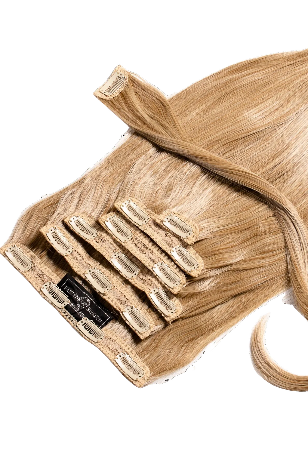 Ljusblonda clip-in hair extensions som visar fästclipsen