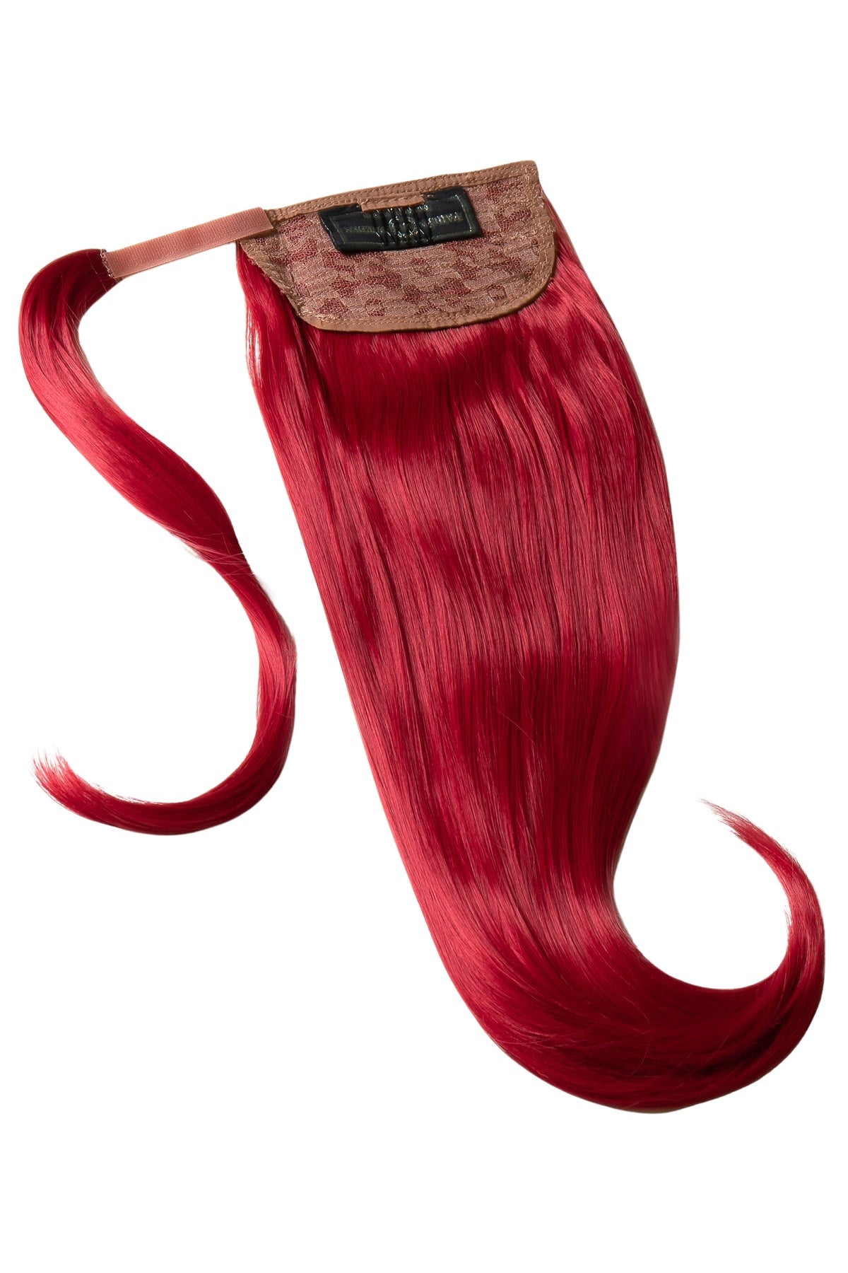 Klarröd ponytail-hårförlängning med visning av fästmetod 