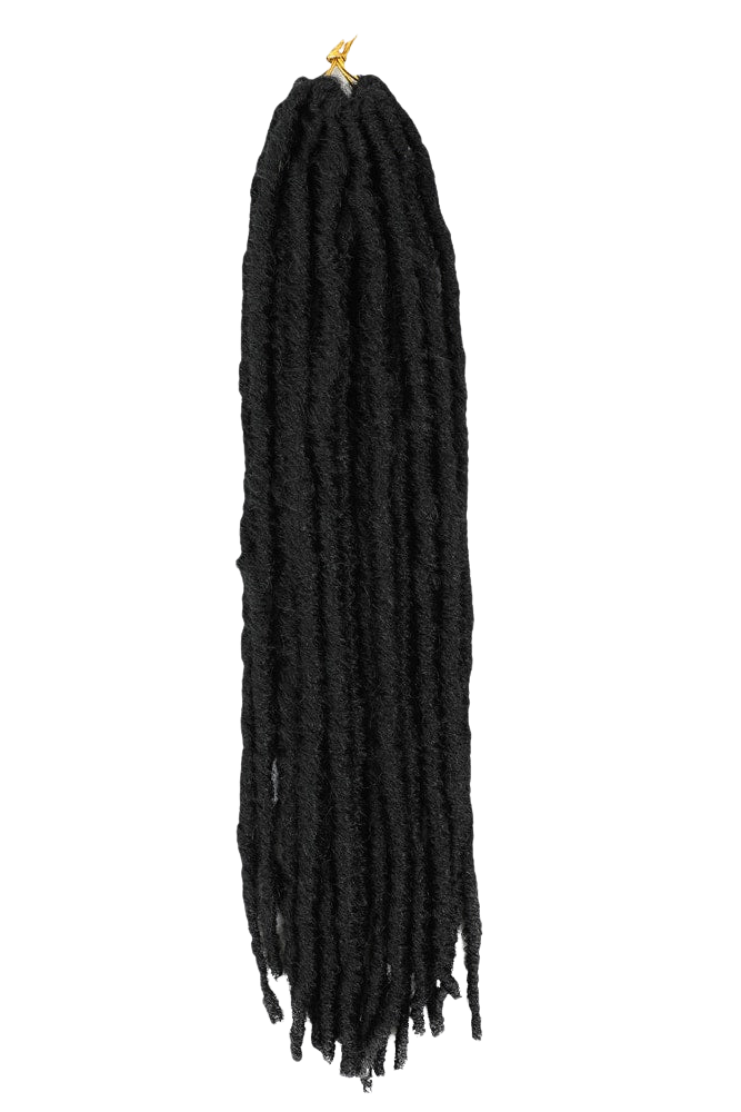 Mörka faux locs med naturlig textur och fyllig volym.
