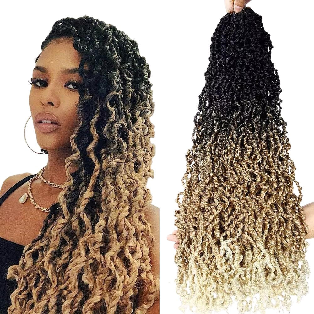 Majesty twist flätor i en mörkbrun till blond ombré-nyans. Till vänster syns frisyren stylad på en modell och till höger en bunt lösa flätor redo för montering.
