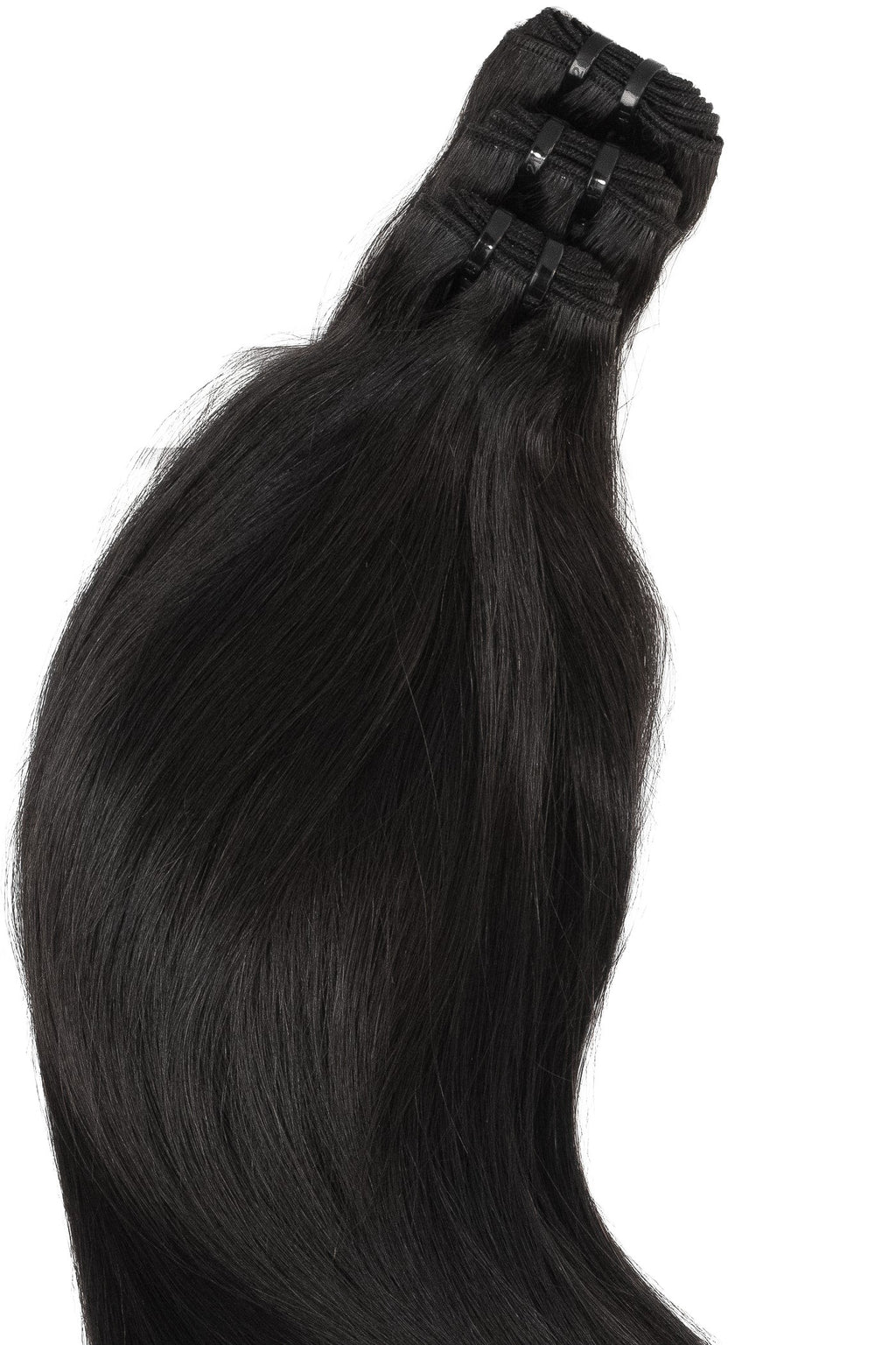 Svart weft hårförlängning i äkta Remy-hår med rak, mjuk textur som ger naturlig glans och fylligare resultat.