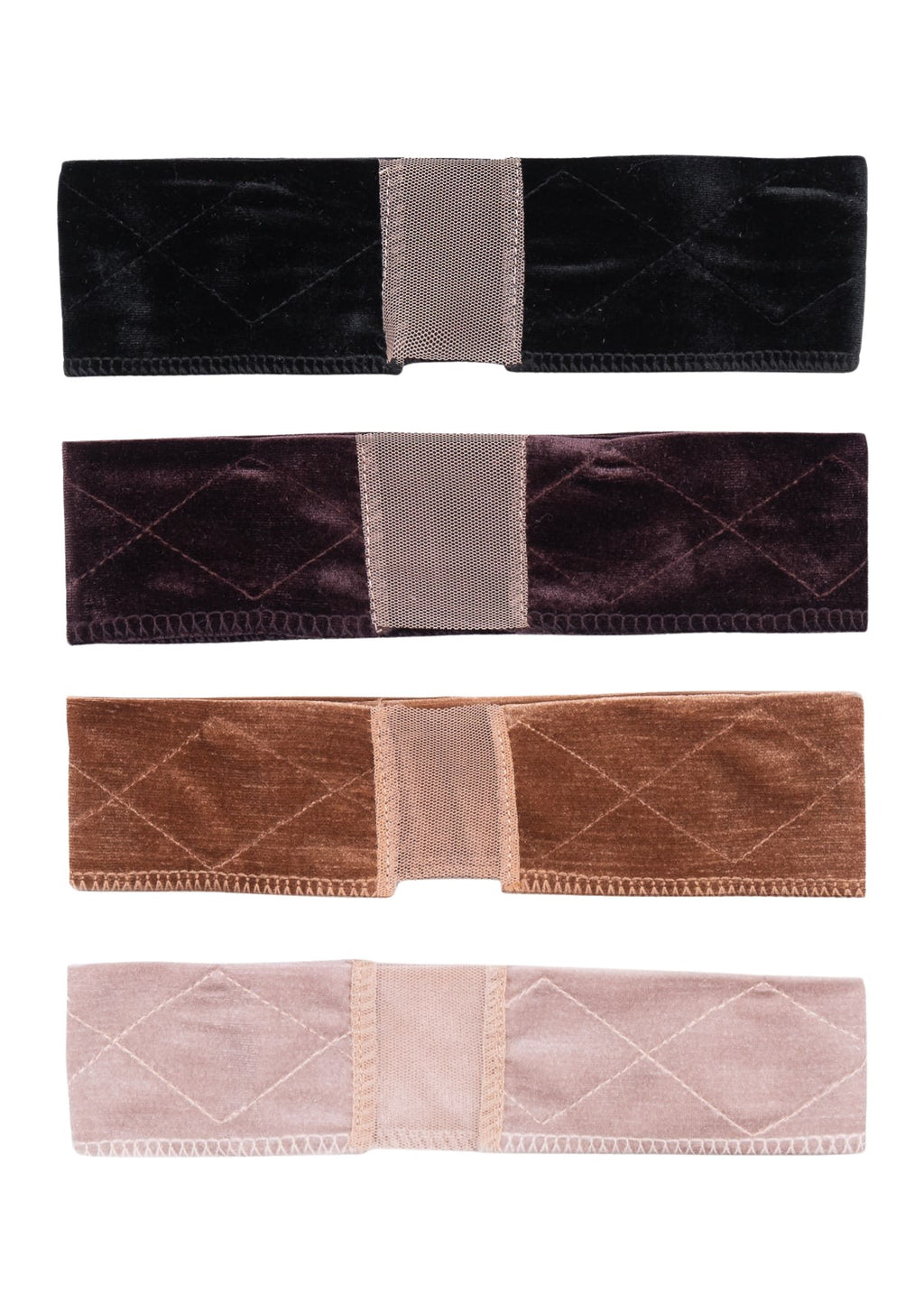 Fyra breda sammetband i olika färger – svart, mörklila, brun och beige – med mittparti i mesh och quiltad design.