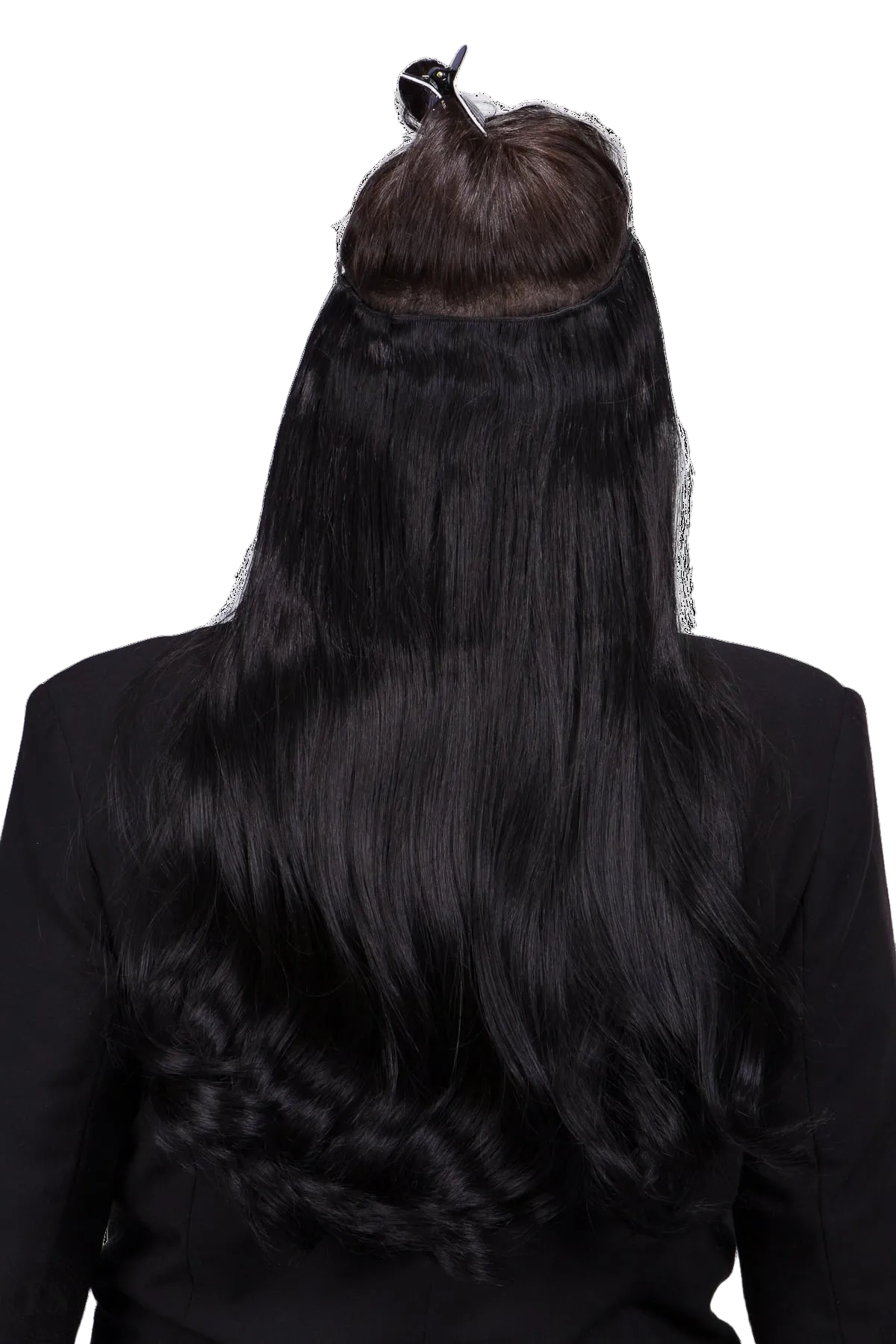 Hårband med vågigt hår i naturligt svart nyans, långt och glansigt med mjuka lockar för en fyllig och elegant look.