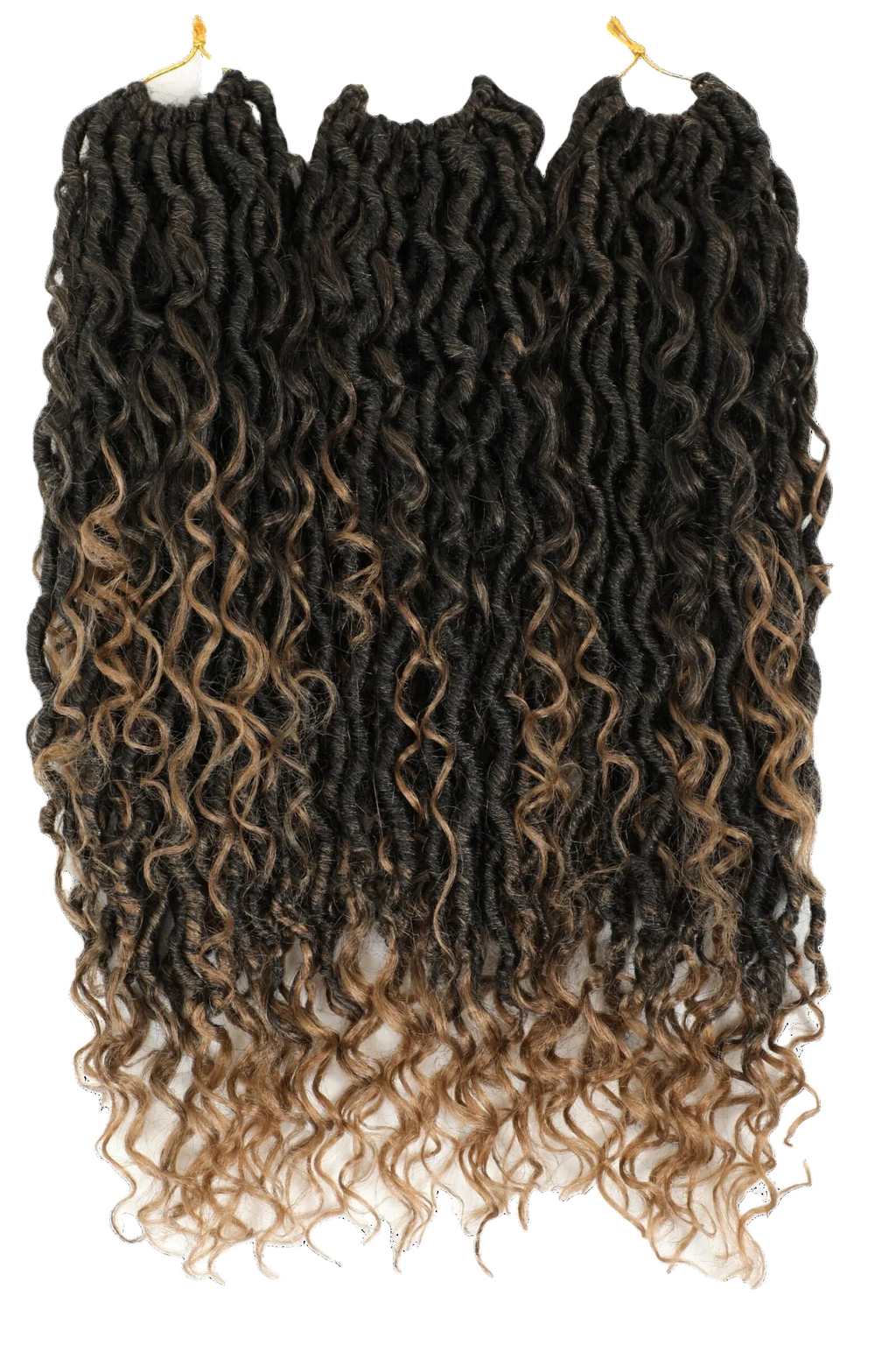 River Locs i ombre-stil med mörka rötter och gyllenbruna toppar, långt lockigt hår som skapar en naturlig och strandinspirerad look.