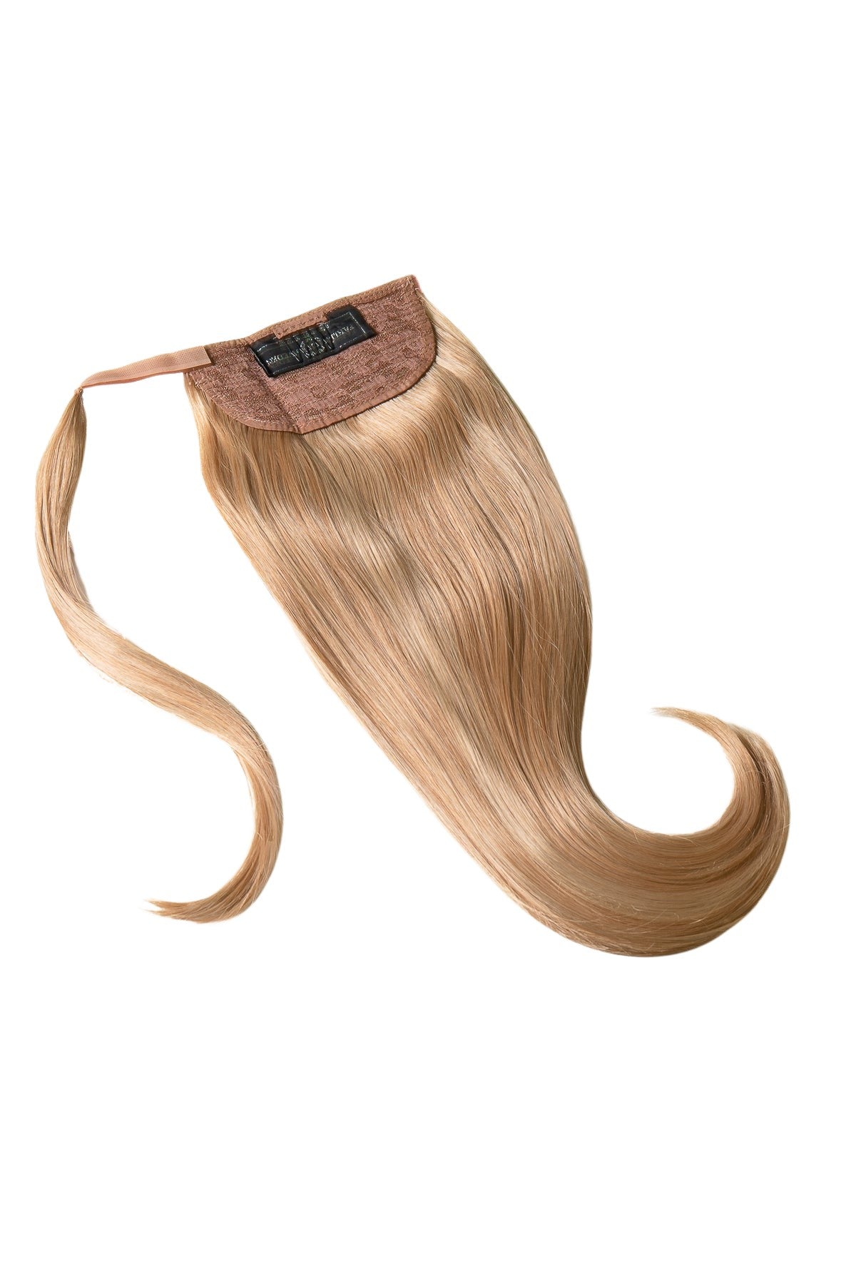 Mörkblond ponytail-hårförlängning med clips och kardborrefäste, produktbild som visar fästdetaljer