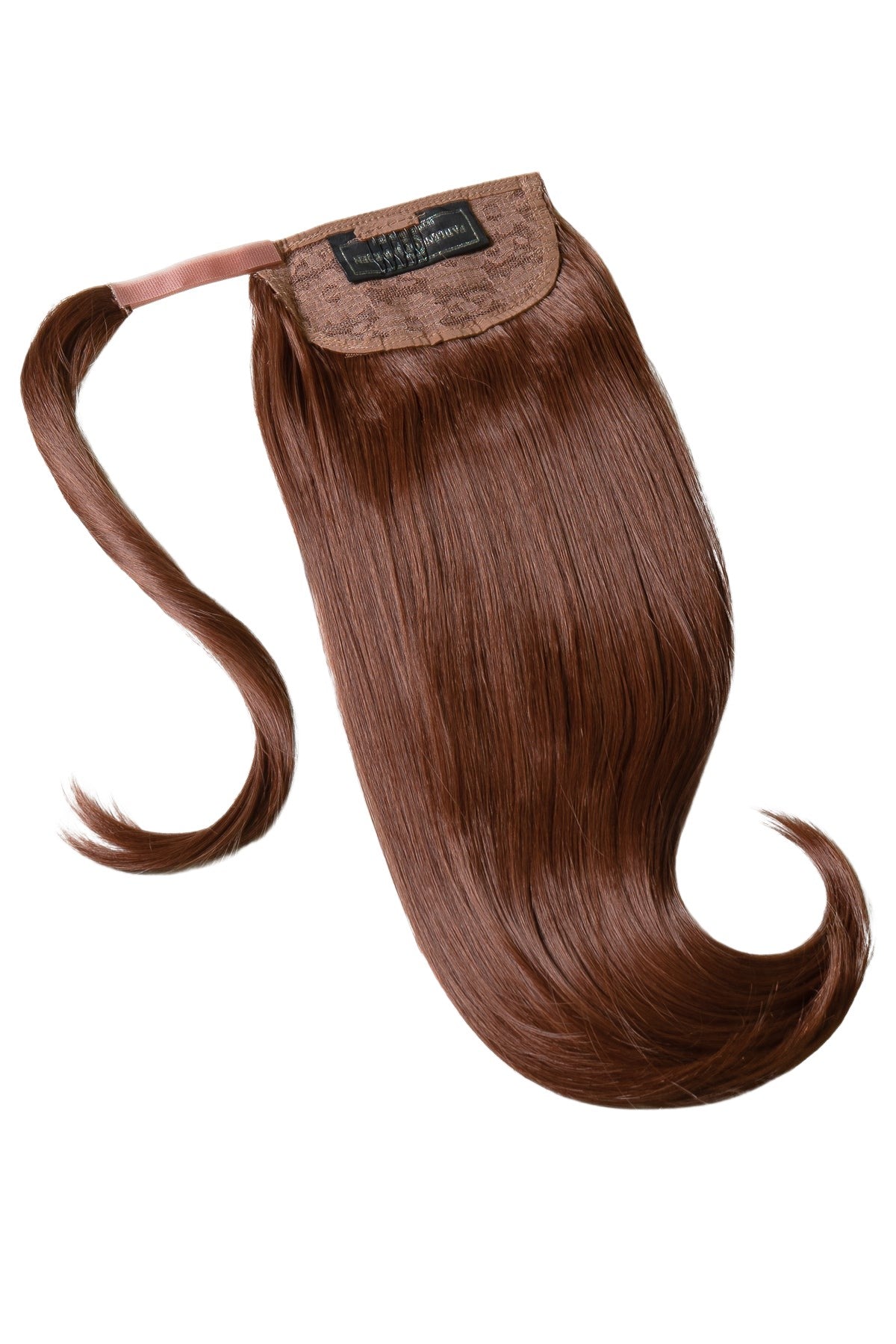 Brun ponytail-hårförlängning, produktbild som visar fästmetod