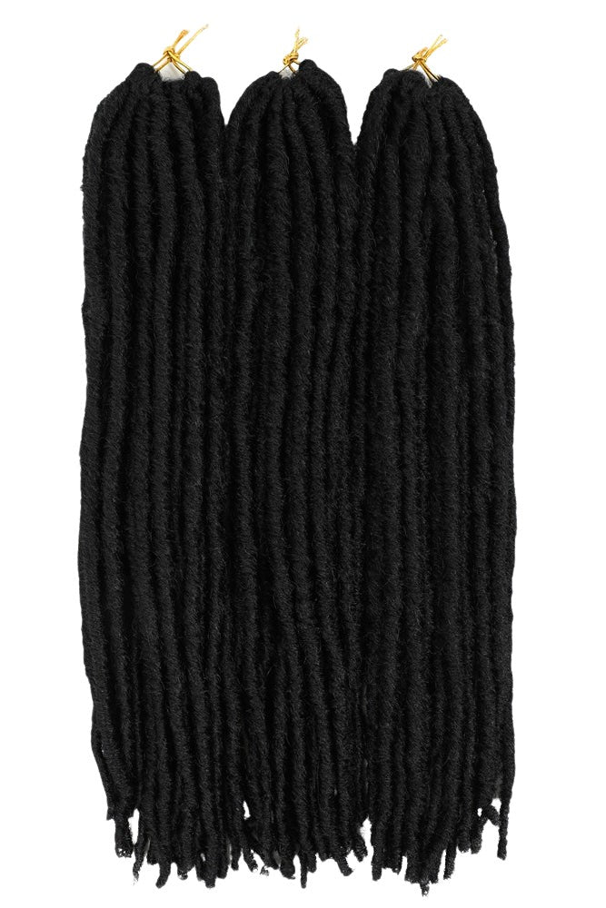 Faux Locs flätor i svart färg, tre buntar täta, naturligt strukturerade dreadlocks med mjuk finish