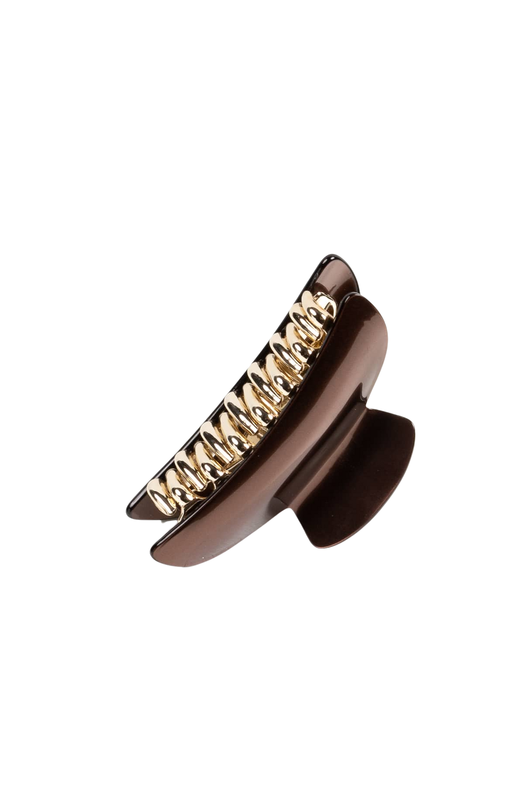 Lyxig hårklämma med blank bronze yta, kombinerad med guldtonade metalldelar som ger en sofistikerad och tidlös look.