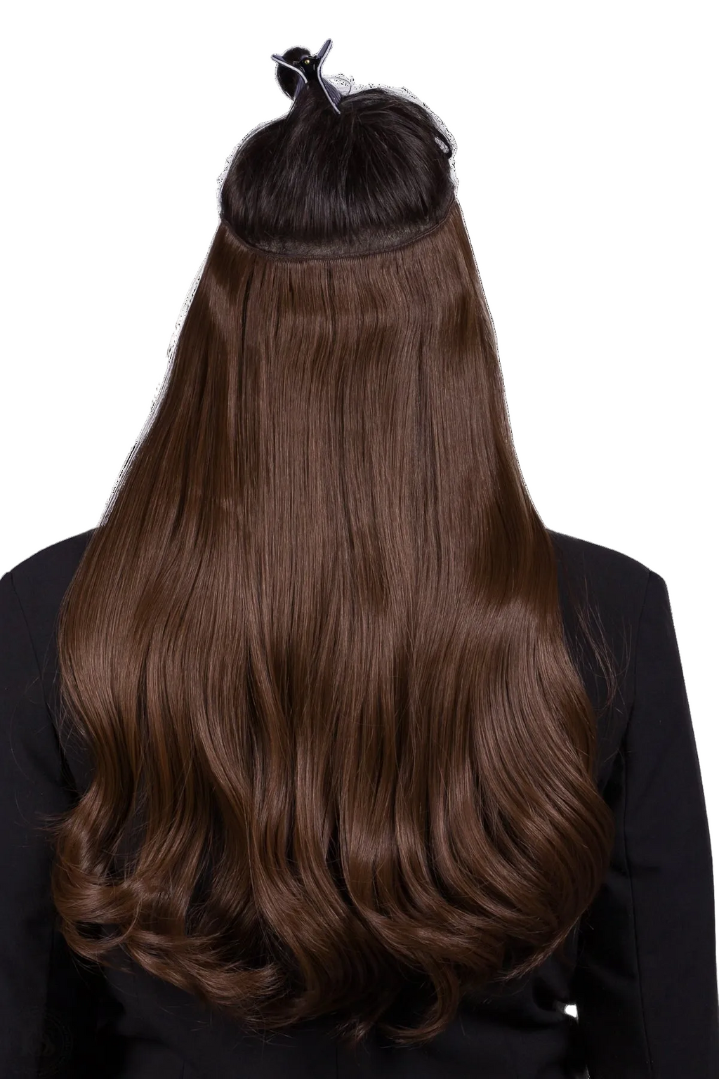 Hårband med vågigt hår i naturligt brun nyans, långt och glansigt med mjuka lockar för en fyllig och elegant look.