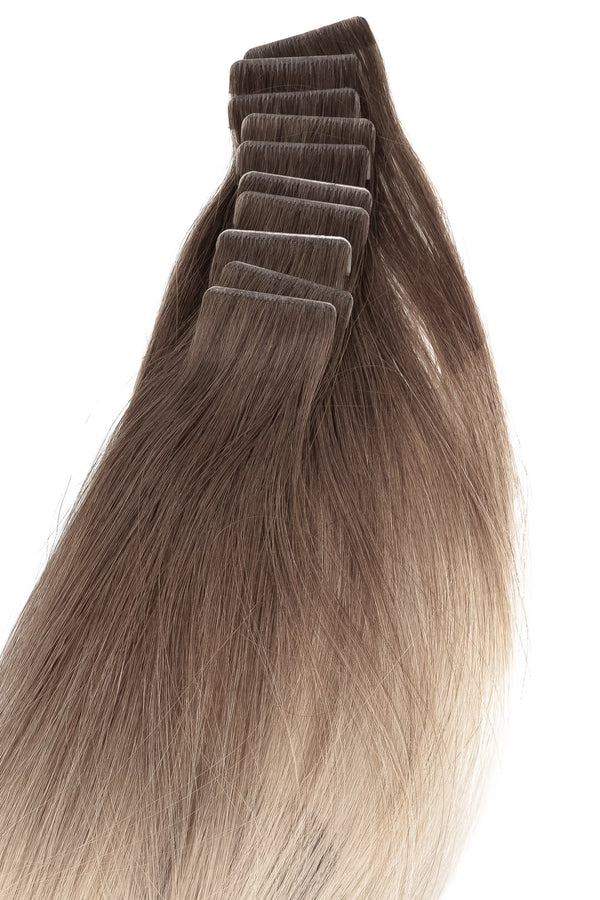 Pro tejp löshår i balayage blondbrun ton, äkta Remy-hår med silkeslen glans för naturlig, professionell hårförlängning.