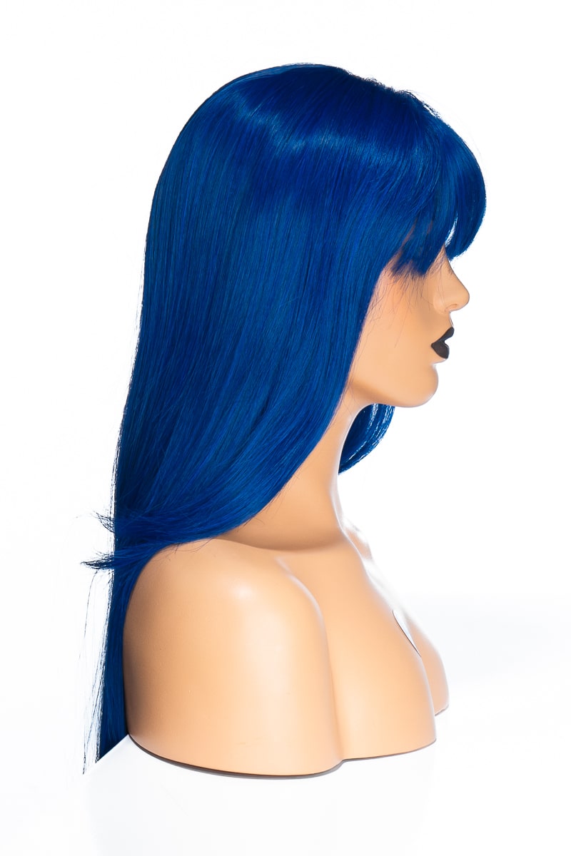 Profilbild på en blå peruk med långt, glansigt hår, som faller jämnt för en modern och iögonfallande look