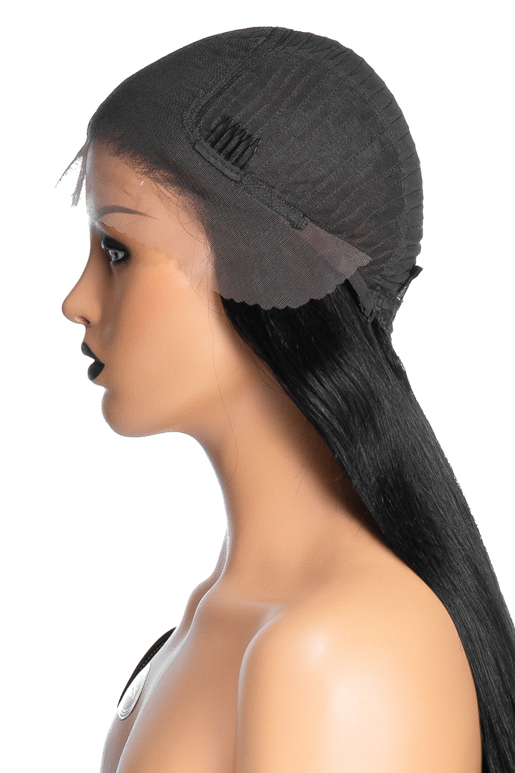 Skyltdocka med svart lace-front peruk i sidovy, lace och clips tydligt synliga.