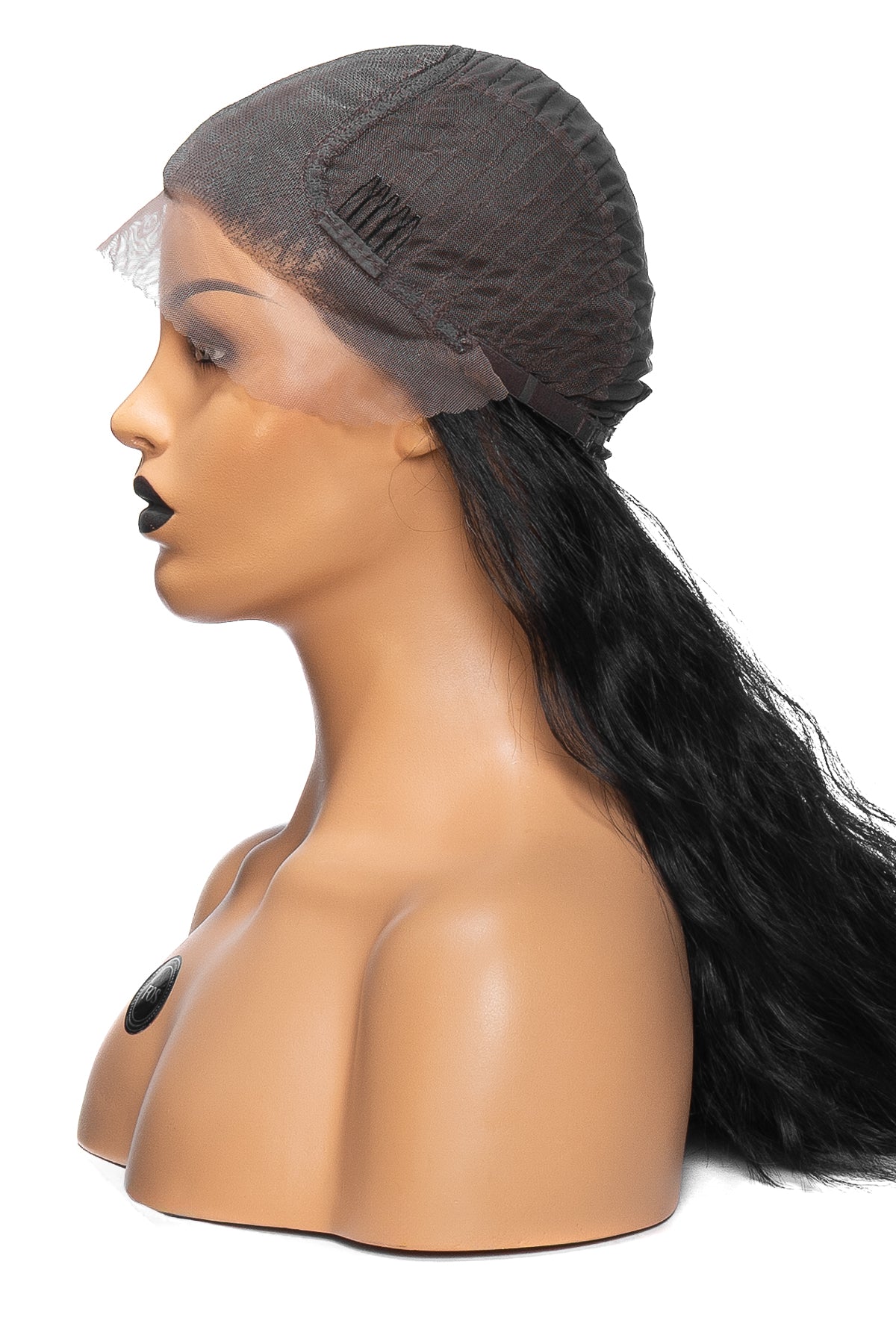 Lace front peruk i vågigt svart hår med justerbara clips och transparent spets