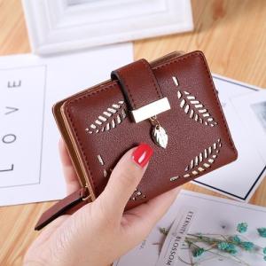 Female Lady PU Leather Short Wallet Purse - Dark Brown